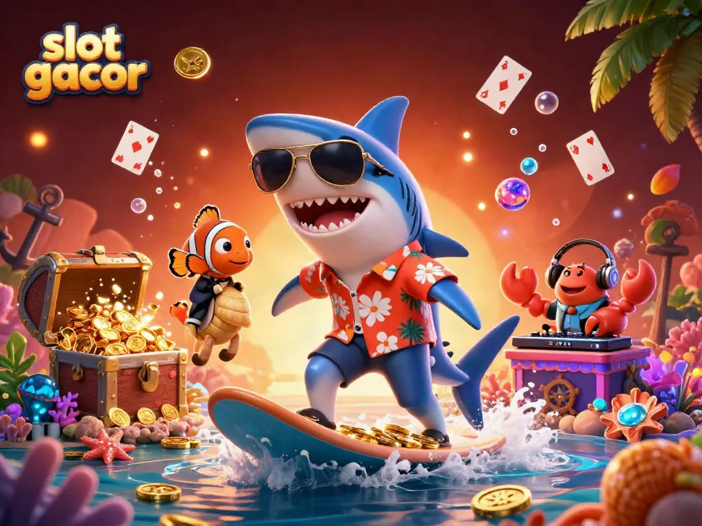 Experience the excitement of slot gacor with a vibrant scene featuring a hammer-head shark and a crab DJ amidst gold coins.