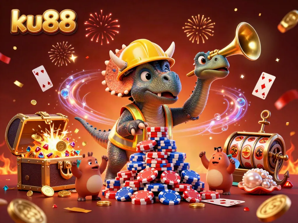 Experience thrilling casino excitement with ku88 as cartoon characters celebrate wins surrounded by colorful game elements.