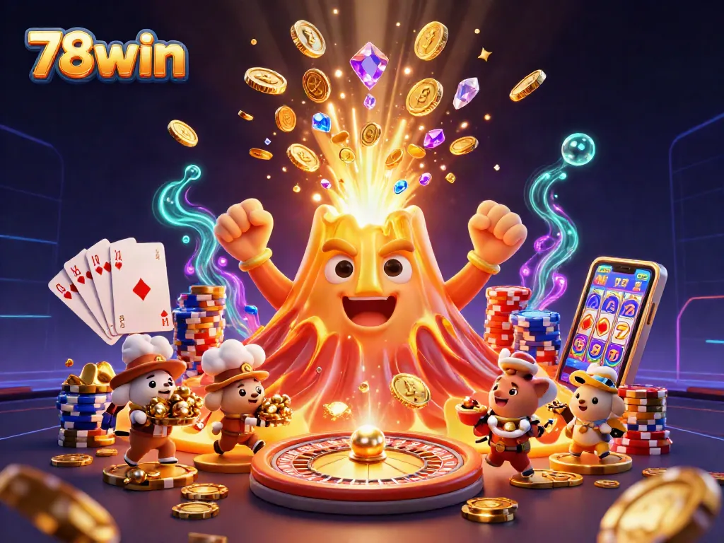 78win players experience thrilling wins under a vibrant golden volcano erupting treasures in this captivating digital illustration.