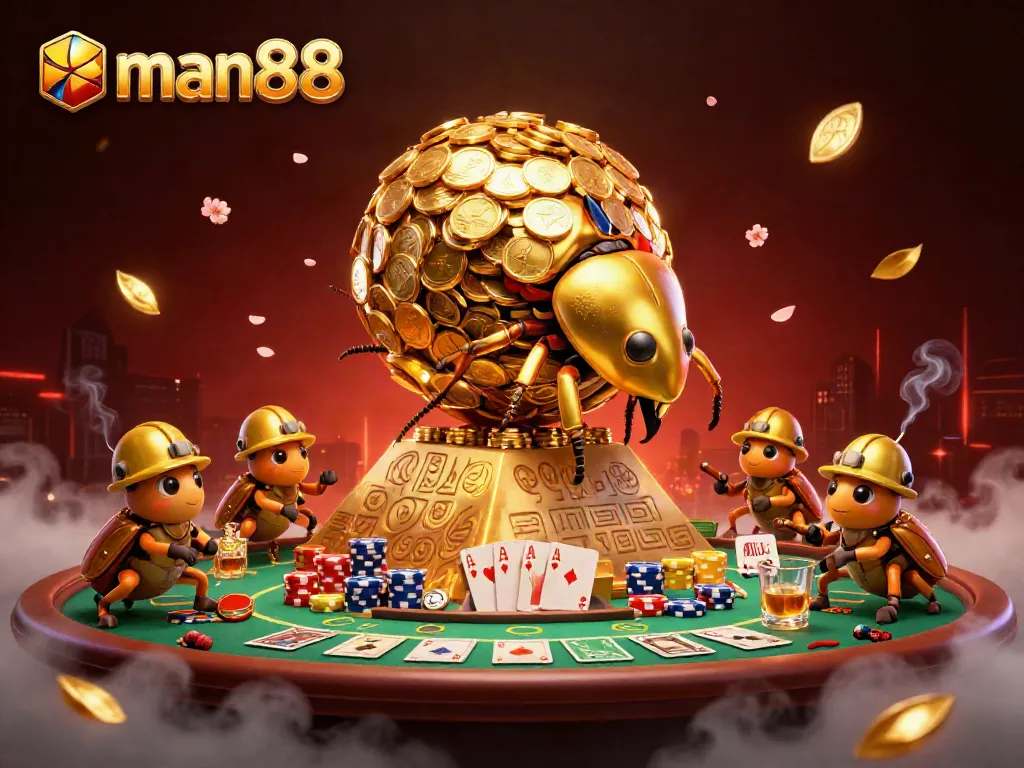 Experience the vibrant casino action at man88 with golden coins, poker games, and dynamic characters.