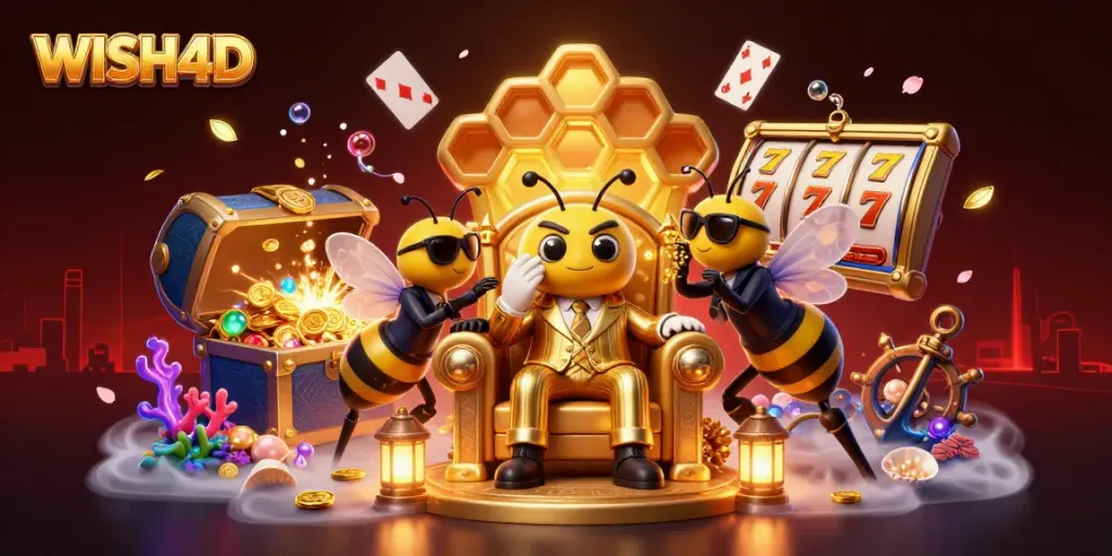 Win big at WISH4D with this 3D casino scene featuring playful characters and exciting slot elements.