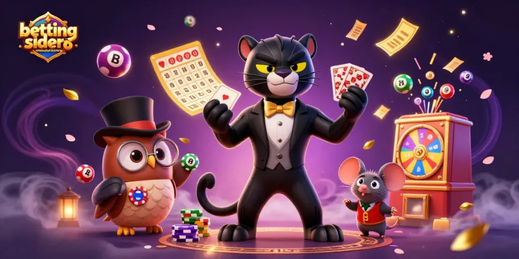 Playing at betting sider uden dansk licens with a stylish panther and friends surrounded by colorful lottery elements.