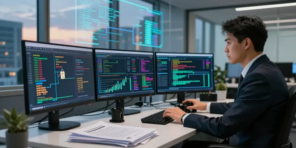 Cryptocurrency tracing analysis in a modern office with forensic analyst reviewing blockchain data and financial documents.