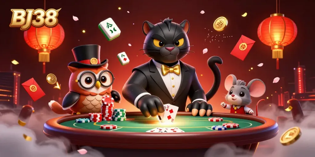 Experience BJ38's immersive casino scene with a panther dealer, wise owl, and lucky mouse at a vibrant gaming table.