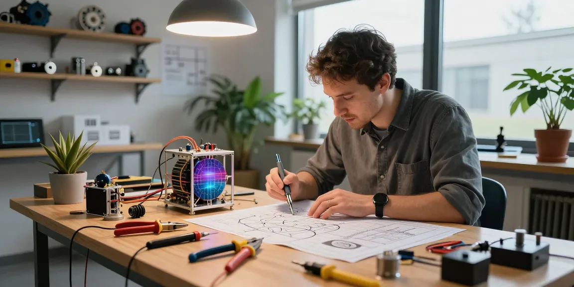Engineer assembling a zero point energy generator prototype in a creative workshop.