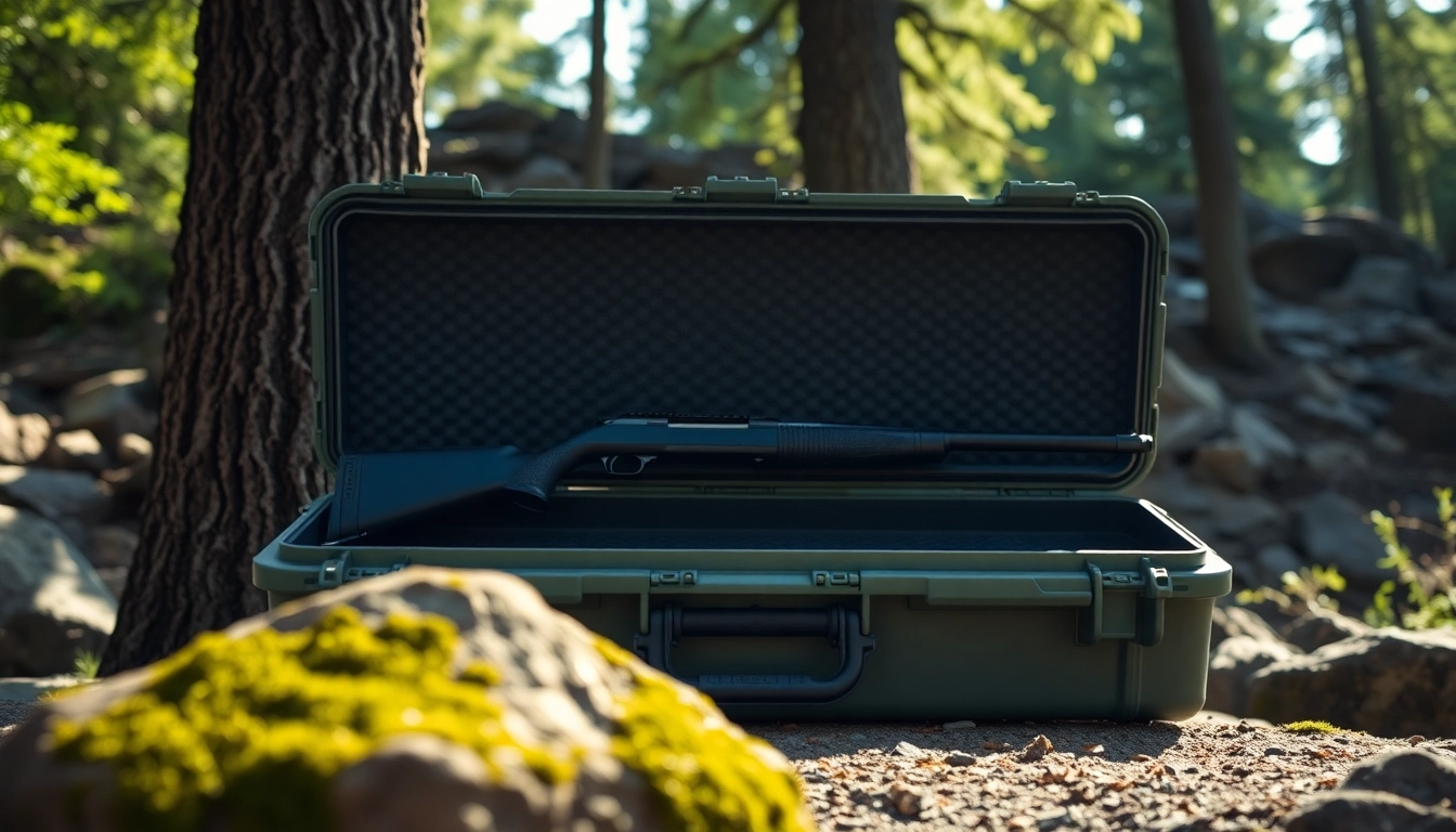 The Pelican rifle case showcases its durable design in a serene outdoor setting.
