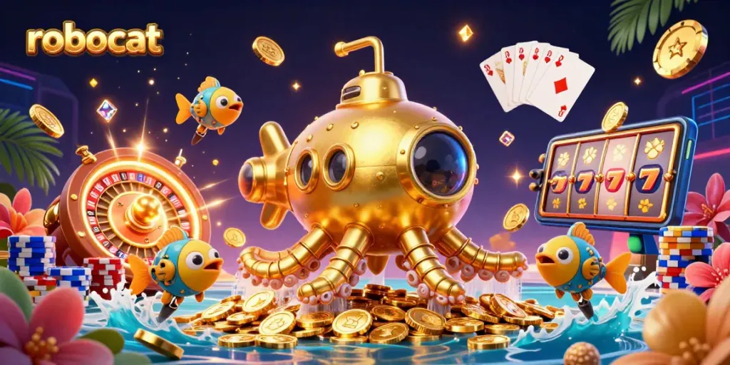 Experience the thrill of robocat with golden coins and vibrant casino elements swirling around in a dynamic gaming scene.