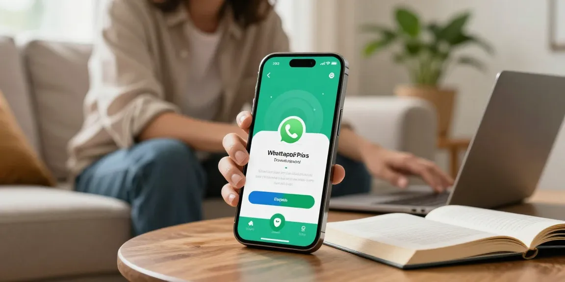 WhatsApp下載 screen displayed on a smartphone in a cozy living room, emphasizing easy access to messaging features.