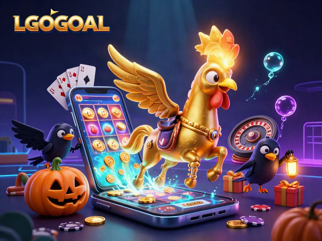 Experience thrilling games at LGOGOAL with vibrant slots and casino elements in a dynamic 3D scene.