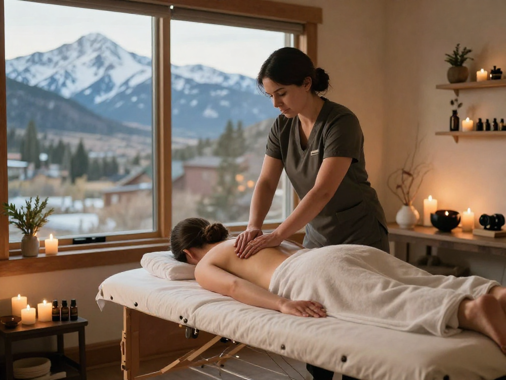 Masseuse in Mammoth Lakes providing a tranquil deep tissue massage in a serene spa setting.