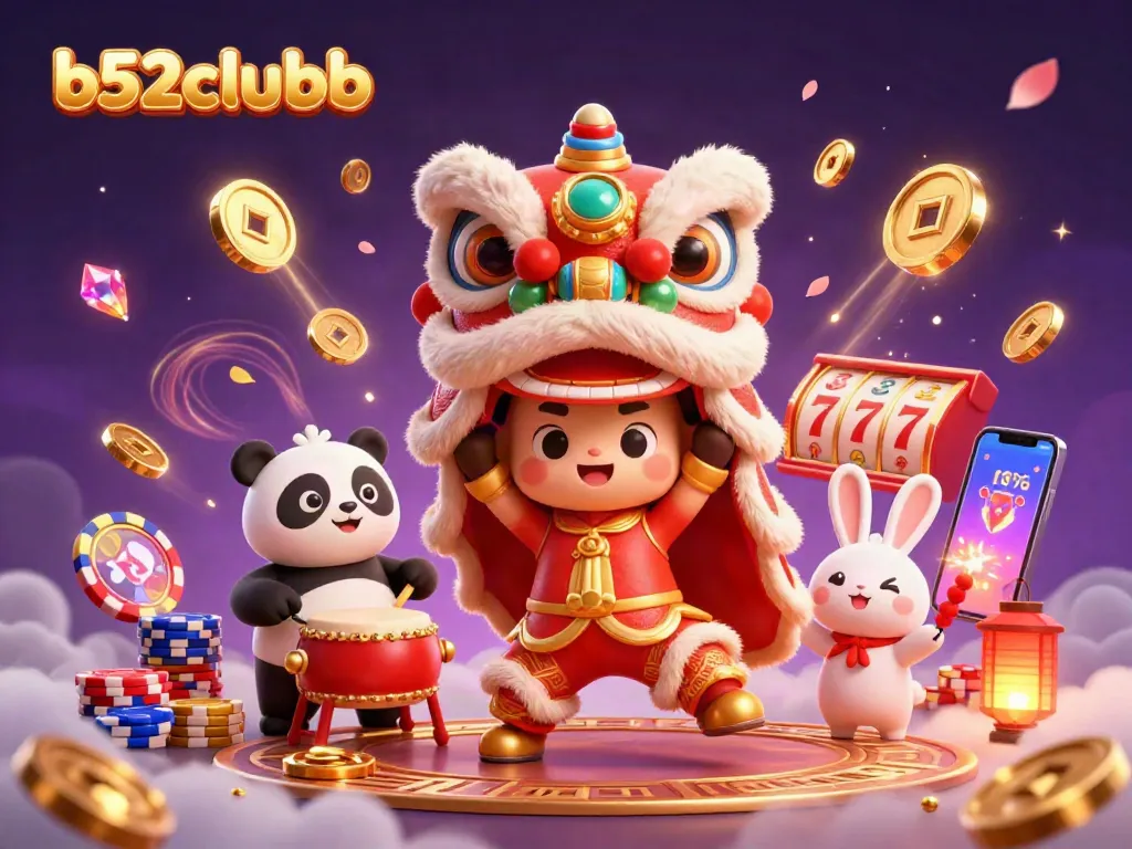 Engage with b52clubb's vibrant 3D illustration featuring a festive lion dance and dazzling casino elements.