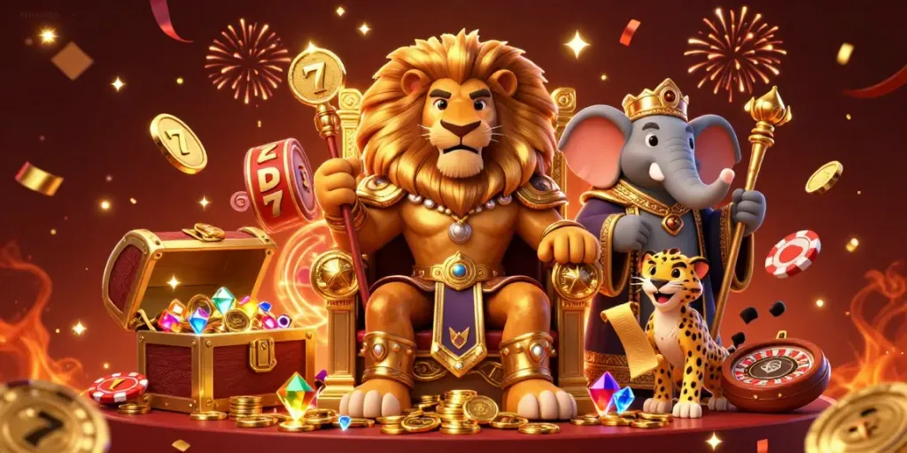 Hitclub offers a vibrant casino scene featuring a lion king, elephant advisor, and cheetah, with dynamic gambling elements.