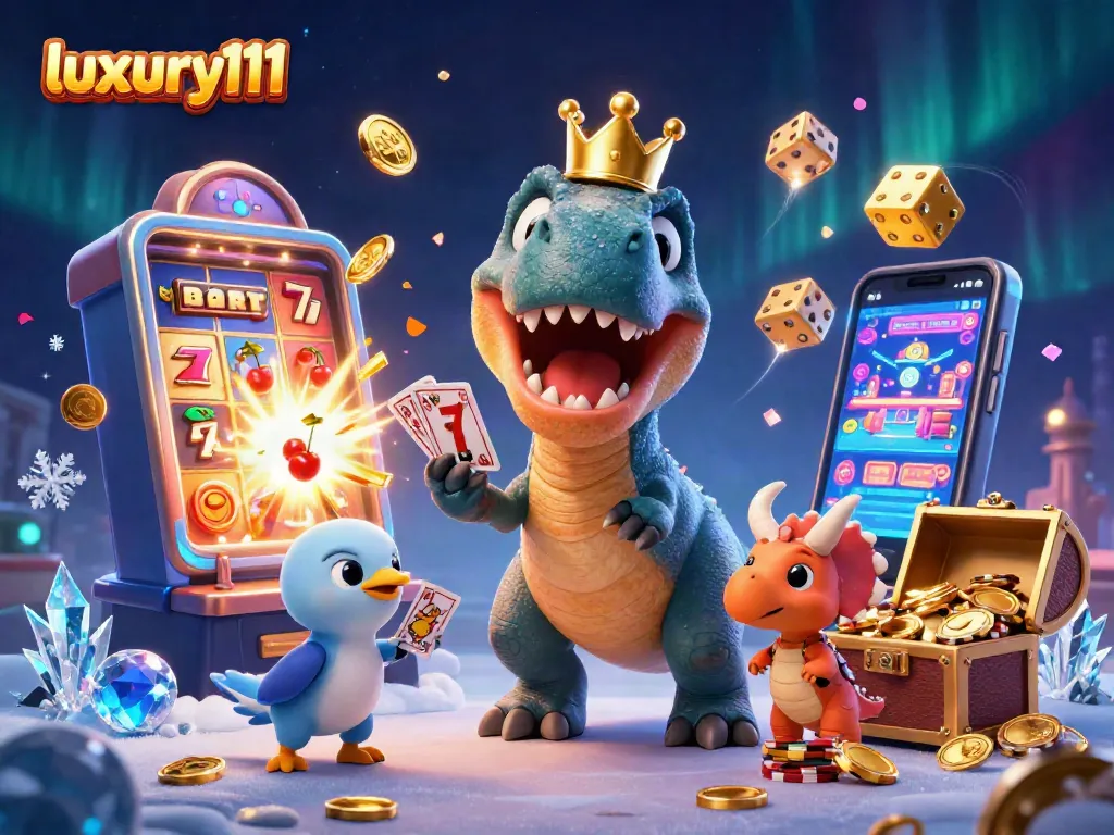 Experience luxury111 gaming excitement with a friendly T-Rex shuffling cards and a pterodactyl in an energetic casino scene.