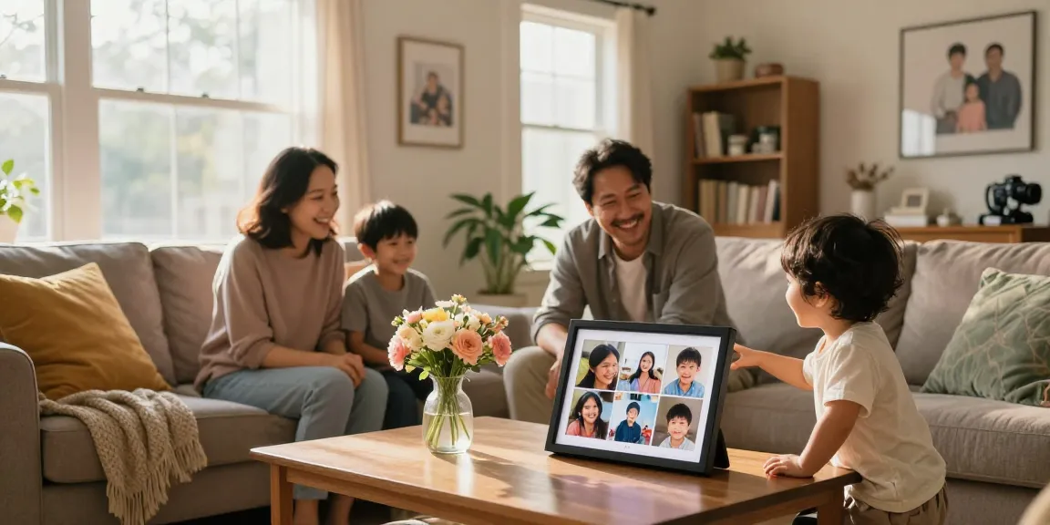 Family enjoying moments displayed on a WiFi digital photo frame in a cozy living room.