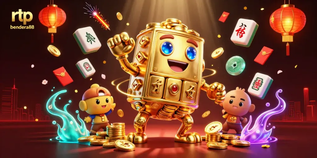 Rtp bendera88 menampilkan golem emas yang menggerakkan koin sambil mengeluarkan simbol slot.