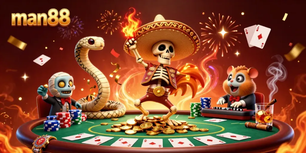 Engage with exciting man88 casino games, featuring a mariachi rooster, mummy snake, and zombie hamster DJ in a vibrant celebration.