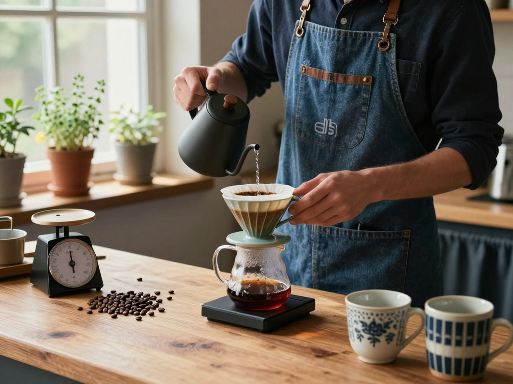 Crafting pourover coffee with Ebb reusable filters at www.ebbfilter.com in a cozy kitchen.