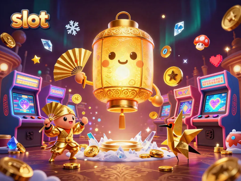 Play vibrant slot machines amid a magical casino scene filled with golden lanterns and exciting game elements.
