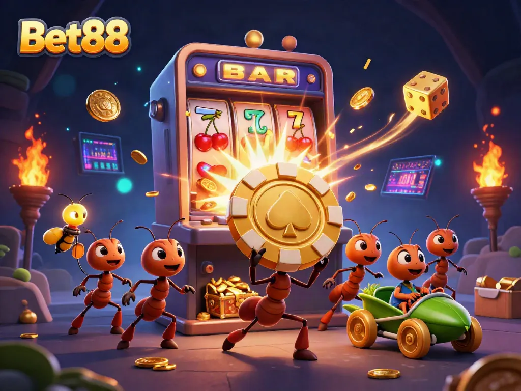 Bet88 heist scene with cartoon ants capturing a giant poker chip amidst a jackpot explosion.