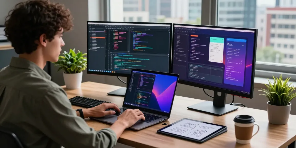 Developer in a modern workspace coding on a laptop showcasing 纸飞机官网 interfaces and vibrant screens.