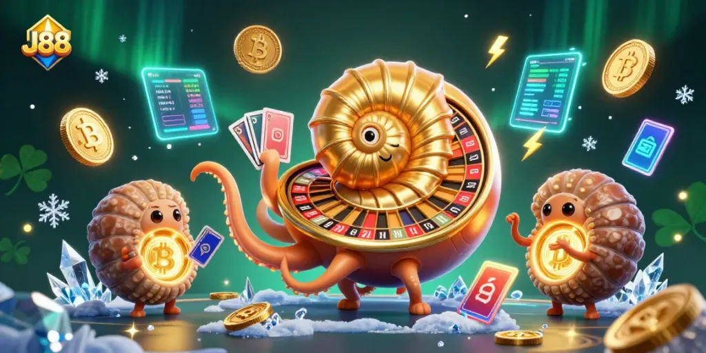 Engage with J88’s vibrant gambling scene featuring a giant nautilus roulette wheel surrounded by glowing crypto elements.