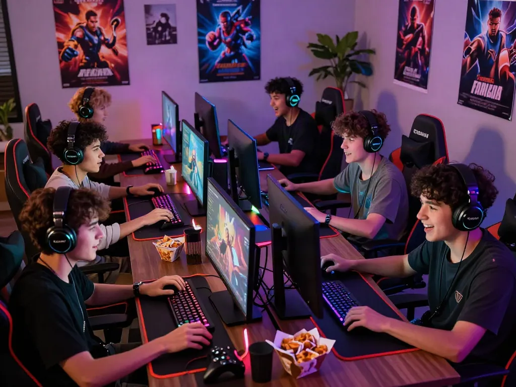 Sekelompok pemain game online diana4d bersenang-senang dengan setup gaming yang berwarna-warni.