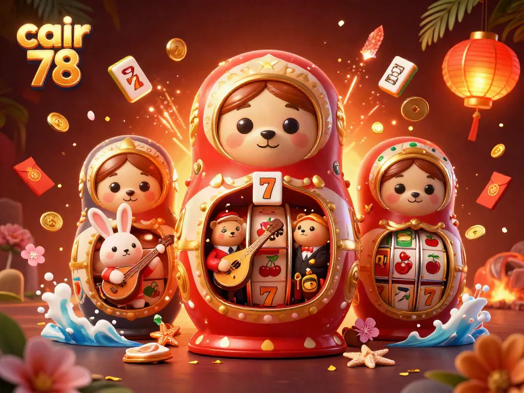 Menghadirkan cair 78, ilustrasi kasino digital 3D menampilkan karakter beruang Matryoshka dan elemen slot, membawa peluang menang yang mengasyikkan.