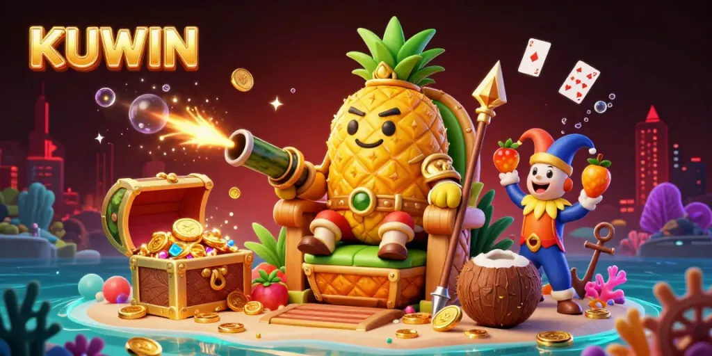 Kuwin casino scene featuring a golden pineapple king and dynamic gaming elements, showcasing excitement and winning potential.