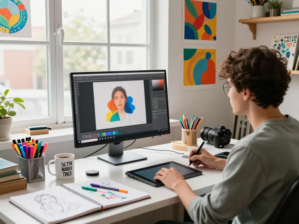 Artist using image to prompt tool in a bright digital art studio filled with vibrant artworks and creative supplies.