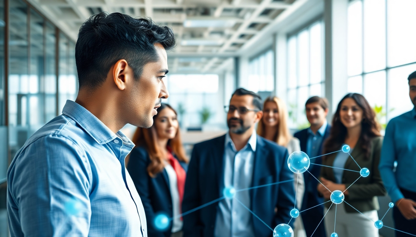 Enterprise assistant engages with employees in a collaborative office environment, enhancing teamwork.