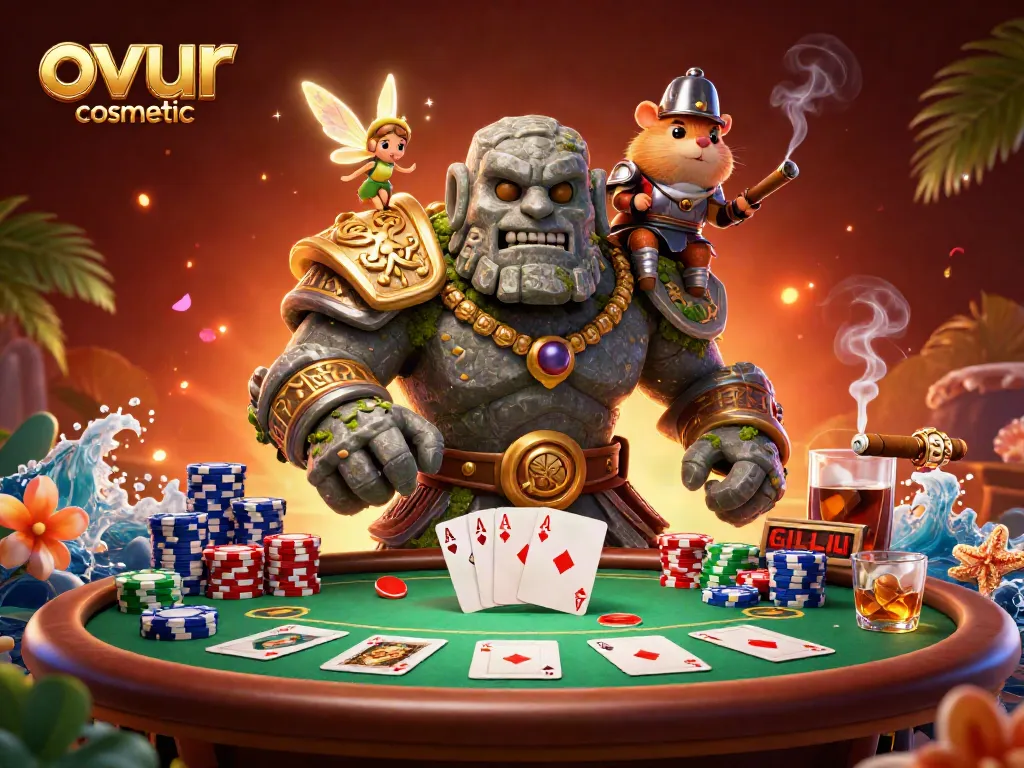 Experience thrilling action with ovur cosmetic-inspired poker scene featuring whimsical characters.