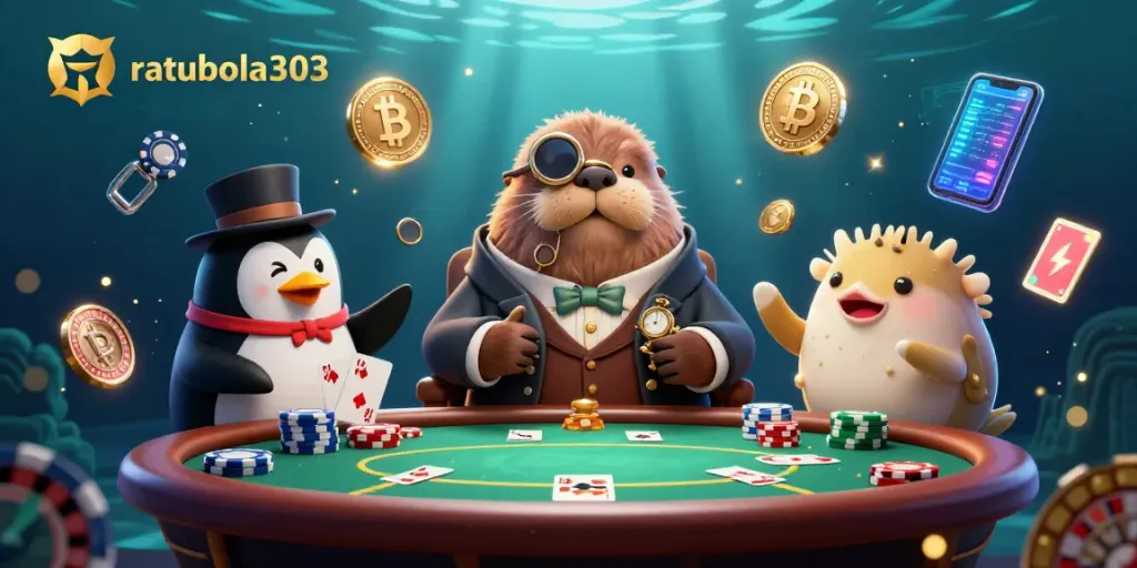 walrus bermain poker di ratubola303 dengan dealer penguin dan pufferfish, semua di bawah laut