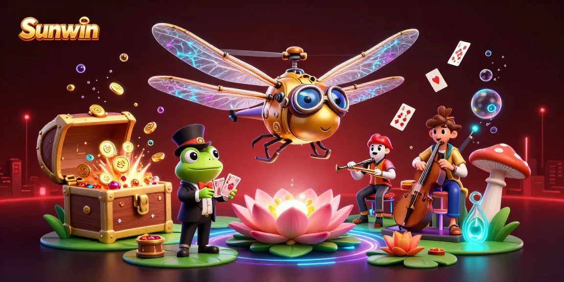 Sunwin online gaming experience with a dragonfly pilot and frog dealer in a lively casino scene.