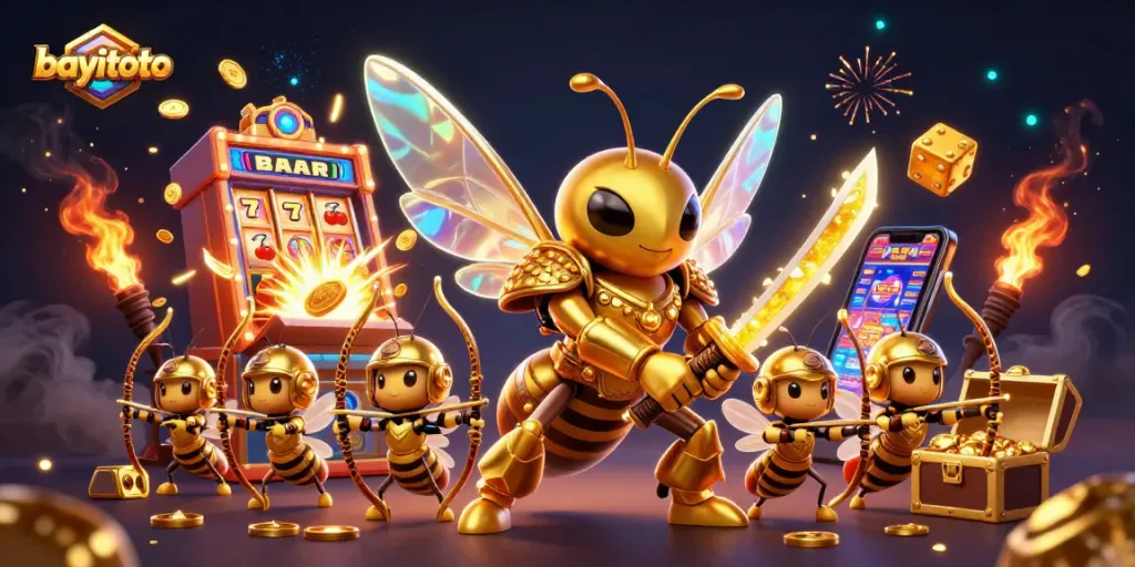 bayitoto menghadirkan suasana kasino bergaya 3D dengan hornet emas dan elemen slot yang dinamis.