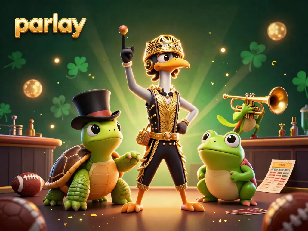 Engage in parlay betting with dynamic gaming elements featuring a turtle, crane, and frog in a lively casino scene.