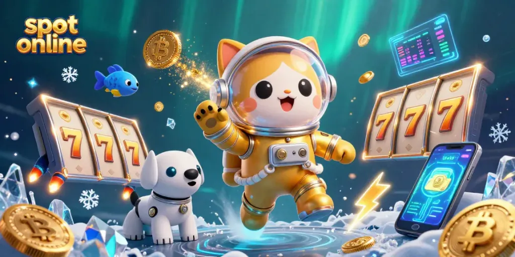 Putar slot online dengan karakter astronot dan anjing robot di latar luar angkasa yang berkilauan.