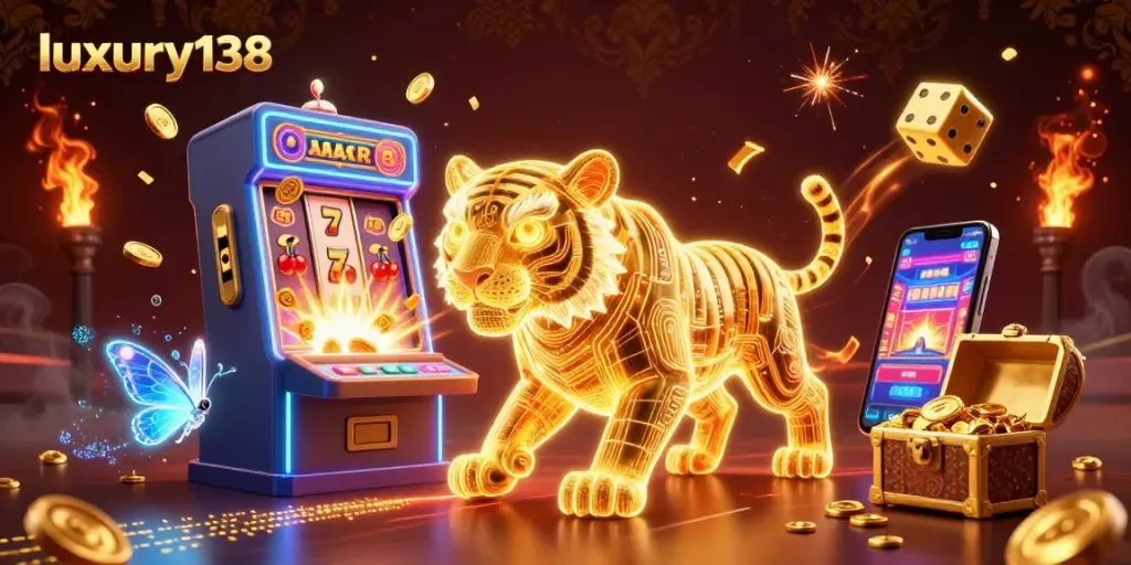 Experience the thrill of luxury138 as the golden tiger navigates a vibrant digital casino landscape.