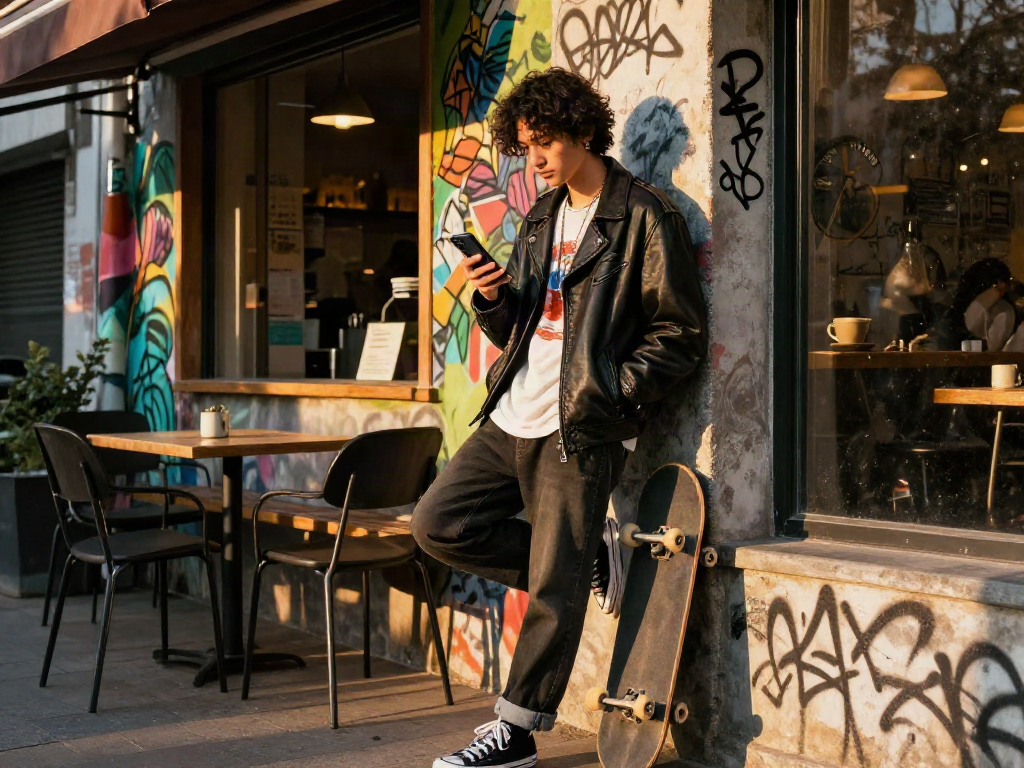 Stylish individual in a leather jacket checking smartphone against vibrant urban backdrop.