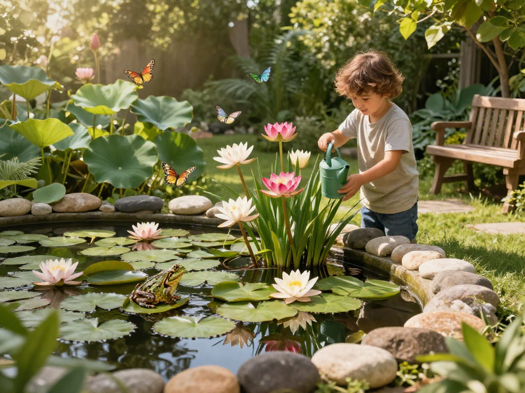 Pond Plants thriving in a serene home garden pond setting, showcasing vibrant water lilies and lotus flowers.