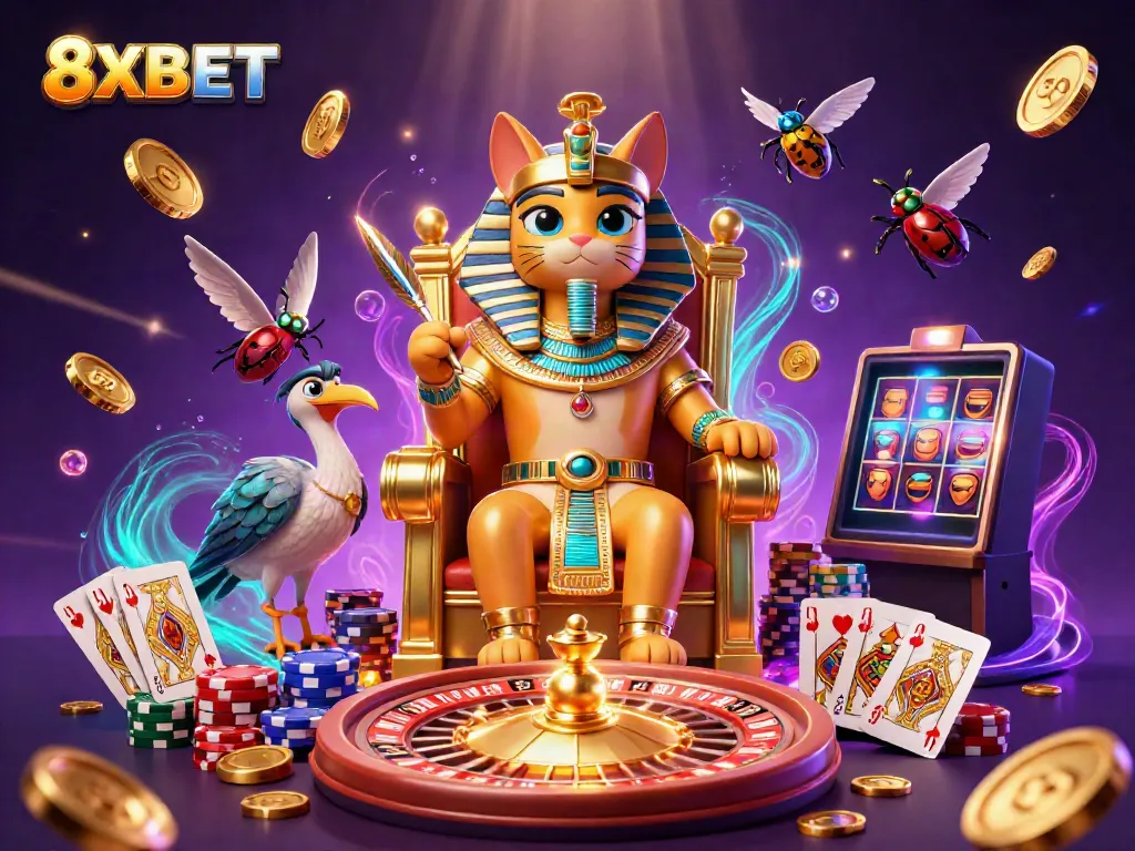 Experience the vibrant casino energy of 8XBET with this dynamic 3D pharaoh-themed illustration featuring Egyptian characters and gaming elements.
