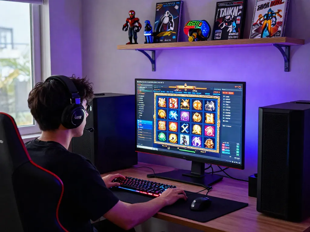 Gamer immersed in online slot gaming with vibrant interface and dynamic setup
