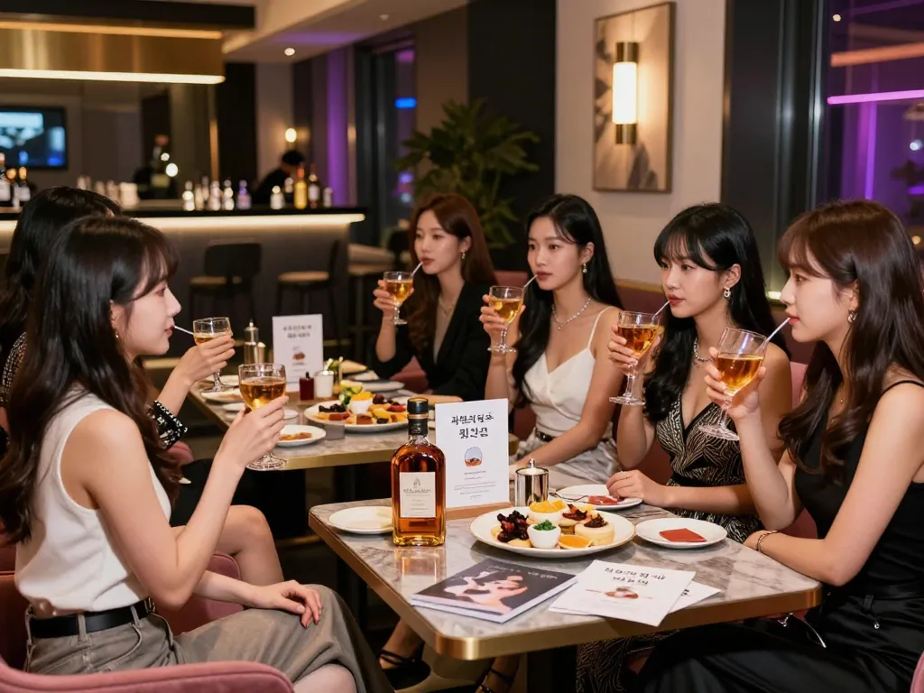 Enjoying drinks in a luxurious 강남쩜오 room salon with premium whiskey and elegant decor