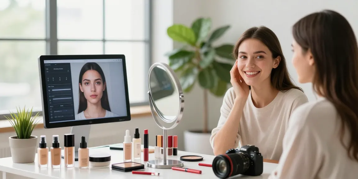 Woman analyzing how old do I look at a makeup mirror in a bright studio.