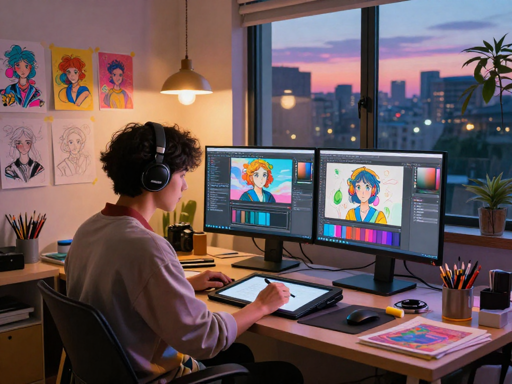 AI porn-themed digital artist working on innovative projects in a vibrant art studio.