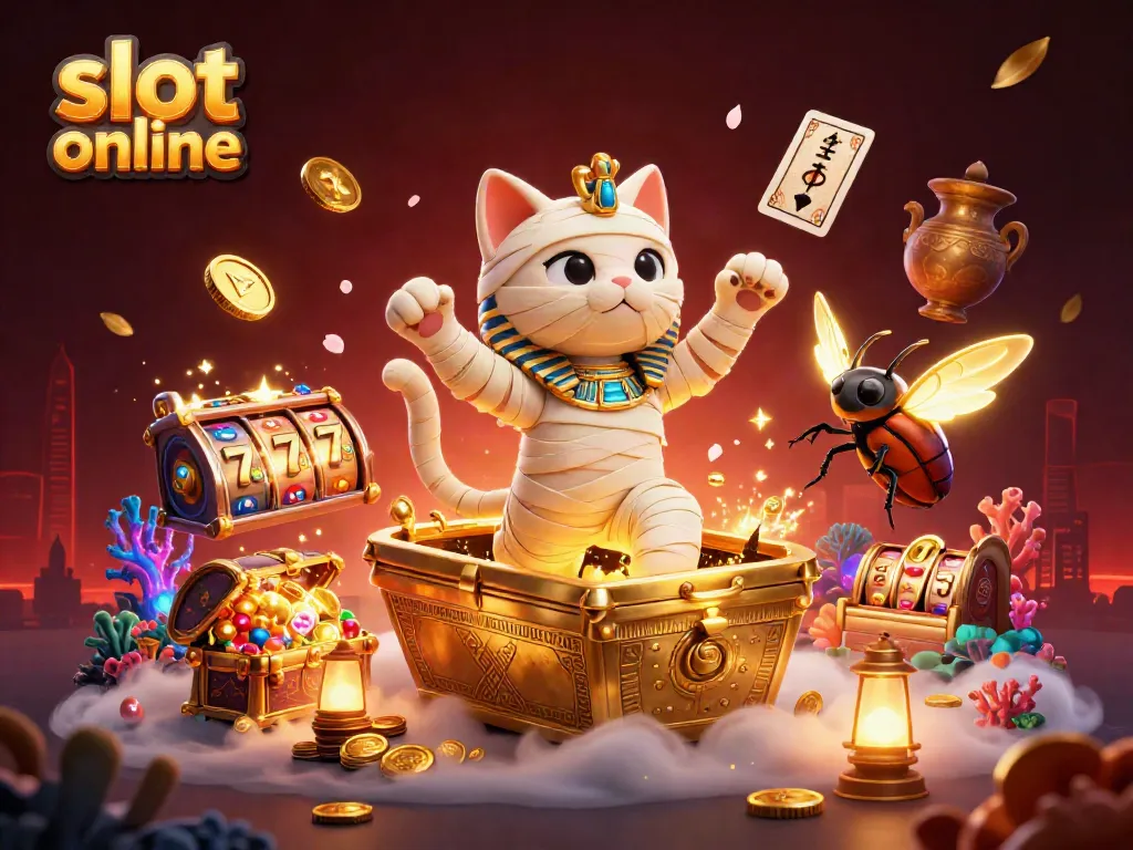 Experience the thrill of slot online gaming with a vibrant 3D scene depicting spinning reels, treasures, and a lively Egyptian theme.