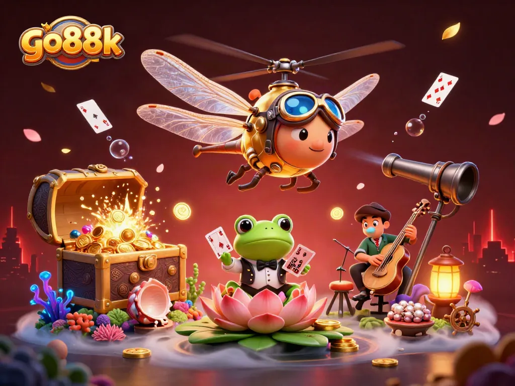 Experience go88k excitement with a dragonfly pilot and frog croupier in a vibrant casino scene.