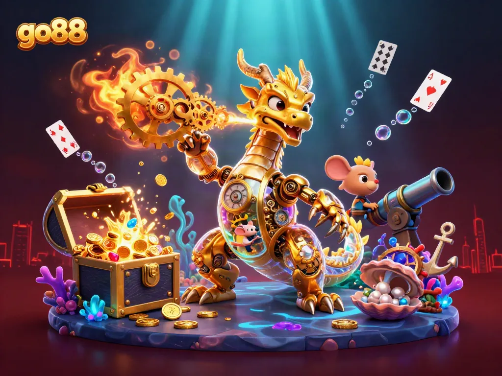 Engage with go88's thrilling ambiance through immersive 3D cartoon casino art.