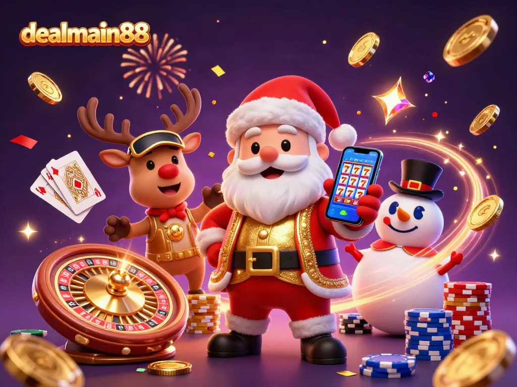 Engage with dealmain88's vibrant casino experience featuring Santa, reindeer, and a poker snowman.