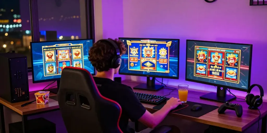 Engaging online slot gaming experience with colorful screens and cozy atmosphere.