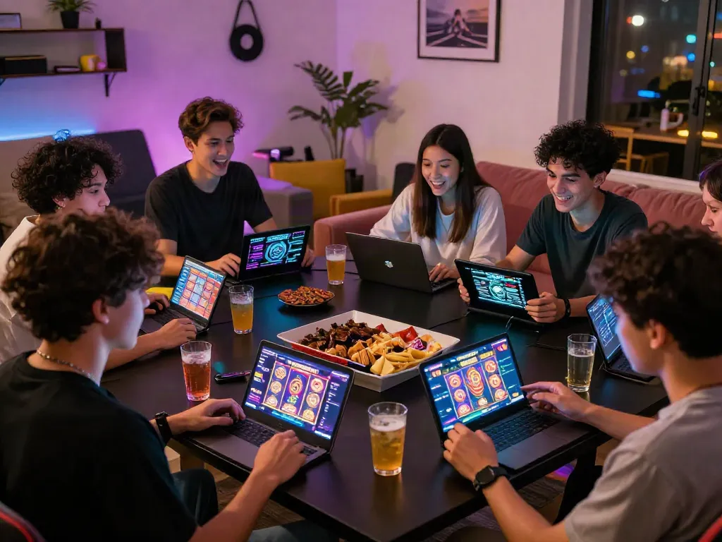 Aktivitas bermain game RUSUNTOTO di ruang modern bersama teman-teman dengan tampilan slot menarik.